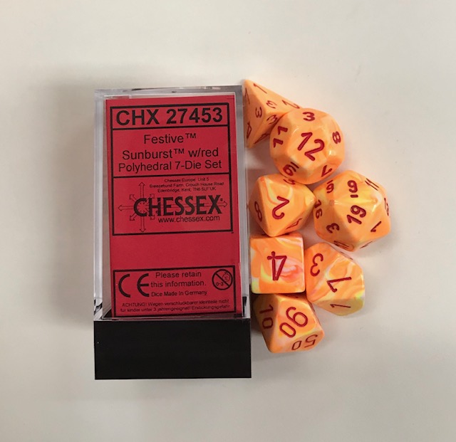 CHESSEX Festive 7 x poliedrico Dadi Set Sunburst con Red D&D RPG 
